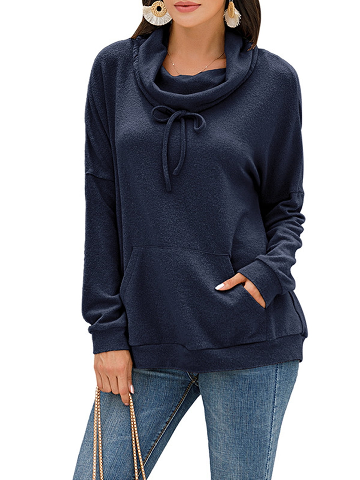 CUE AIR Women s Casual Drawstring Cowl Neck Pullover Tunic Sweatshirts with Pocket