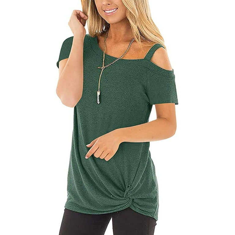 CUE AIR Women's Summer Cold Shoulder T-Shirt Top Short Sleeve Twist Front  Tunic Tops