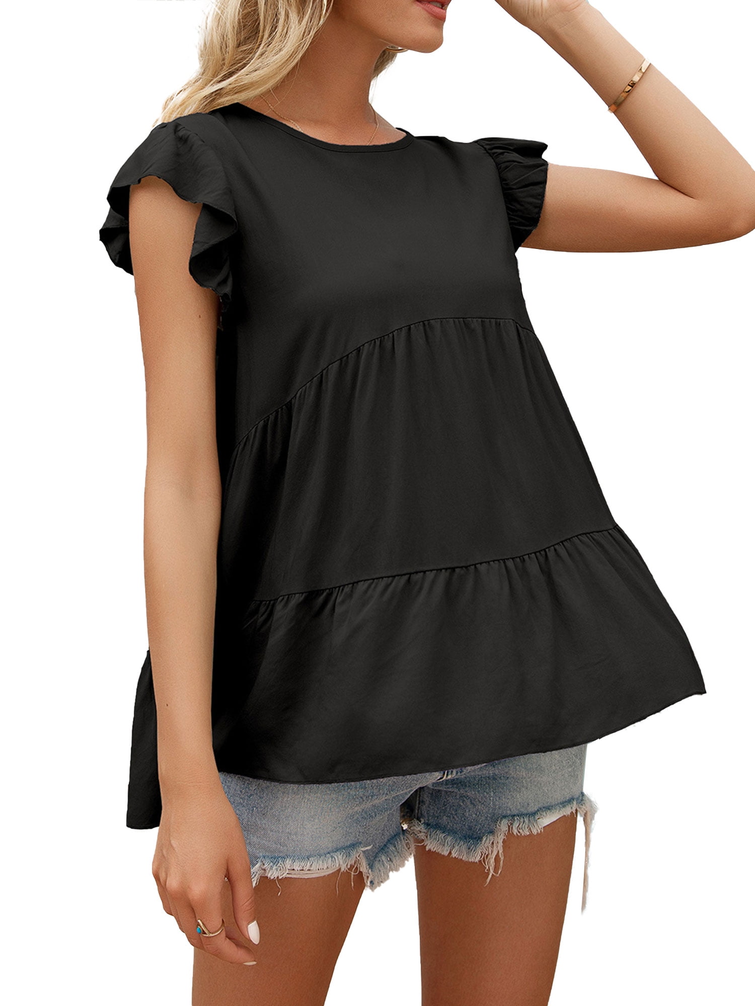 CUE AIR Women's Summer Short Sleeve T Shirt Loose High Low Hem Babydoll  Peplum Tunic Tops