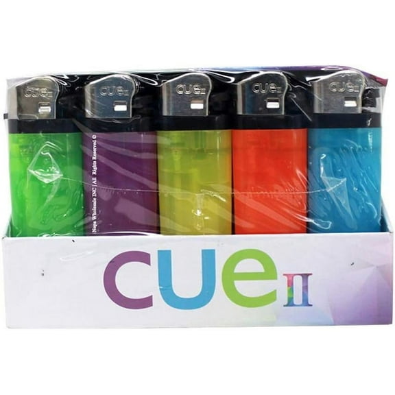 CUE II Classic Lighters, Assorted Colors, Regular Size, Long Lasting, 50-Count Tray