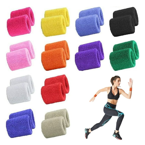 CUGBO 12 Pairs Colorful Sports Wristbands Cotton Sweatband Wristbands for Tennis, Basketball, Running (8 x 8cm)