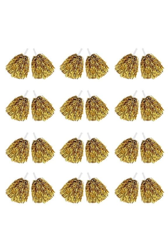 24Pcs Cheerleading Pom Poms, Handle Metallic Foil Flower Ribbons for Dance Sports Game Party (Gold)