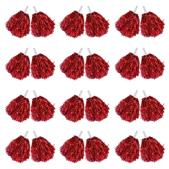 CUGBO 24Pcs Cheerleading Pom Poms, Handle Metallic Foil Flower Ribbons for Dance Sports Game Party (Red)