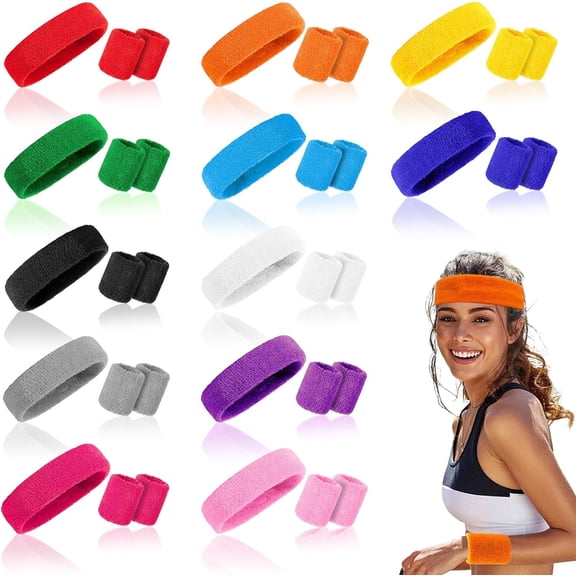 CUGBO 36Pcs Sweatbands Wristbands Set, Include 12Pcs Sports Absorbent Cloth Neo Headbands and 12Pairs Colorful Sweat Wristbands for 80s Party, Dance, Tennis, Basketball, Run, Work Out