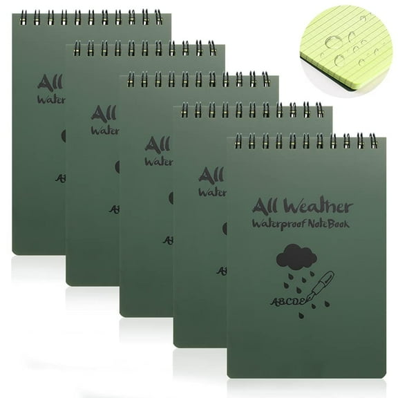 CUGBO 5Pcs Green Waterproof Notebook, 46 Inches Pocket Size, Top Spiral All Weather Notepad for Outdoor Activities Recording
