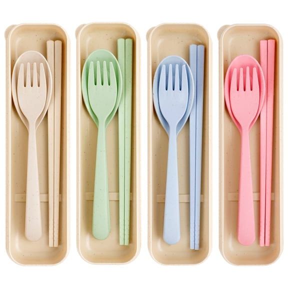 CUGBO Wheat Straw Spoon Chopstick Fork Tableware Set, Set of 4 Unbreakable Eco Friendly Non-toxin BPA Free Cutlery Utensils for Travel, Picnic, Camping or Daily Use, Multi-Color with Storage Case