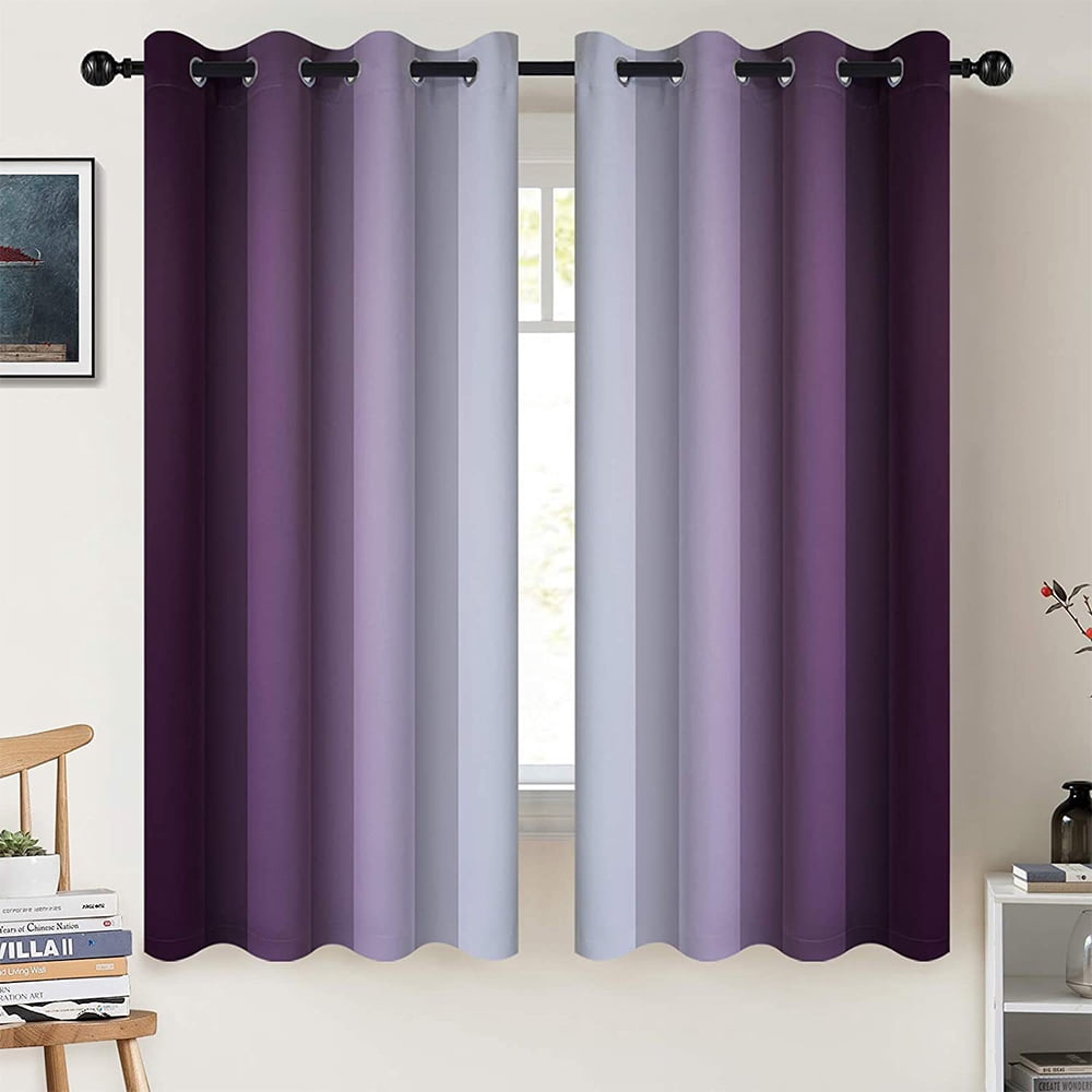 Renaiss Ombre Blackout Curtains - Purple Blue Gradient Thermal Insulated - Room Darkening Grommet Panels 21x63"