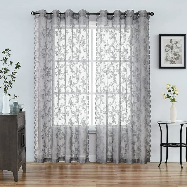 CUH 1-Piece Floral Voile Window Curtain For Living Room Eyelet Ring Top Tulle Window Drape Grommet Sheer Curtain Valance Gray W:55"x L:96"