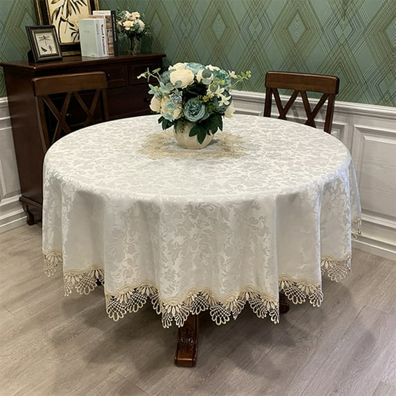 CUH 48" Lace Round Tablecloths with Exquisite Macrame Border Hollow Embroidered Kitchen Holidays Fabric Tablecloth Tabletop Covers (Light Gold)