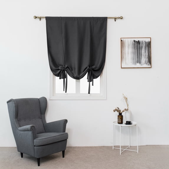 CUH Thermal Insulated Blackout Curtain - Bathroom Roman Curtain Black Tie Up Shade for Small Window, Girls Room, Window Valance Balloon Blind, Rod Pocket 1-Panel (30 x 46 Inches Long)
