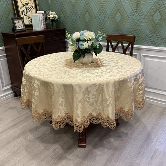CUH 55" Lace Round Tablecloths with Exquisite Macrame Border Hollow Embroidered Kitchen Holidays Fabric Tablecloth Tabletop Covers (Gold)