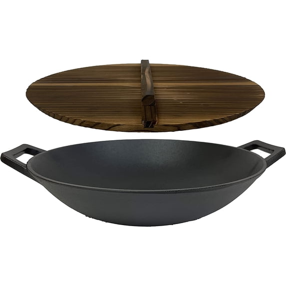 CUISILAND Pre-Seasoned 14" Cast Iron Wok with Wood Lid