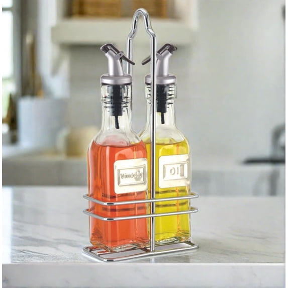 CUISINOX Cruet Oil and Vinegar Bottles Set with Dripless Spouts and Wire Caddy, English Labels - 6 oz. each