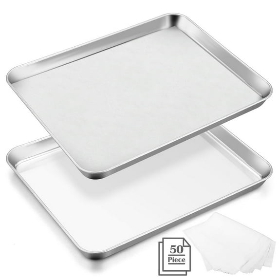 CUITING Baking Sheet Set of 2 Stainless Steel Cookie Sheets Plus 50-Piece Parchment Papers Metal Oven Trays for Cooking Roasting Serving Mirror Finish & Rust Free - 12.5” x 9.7” x