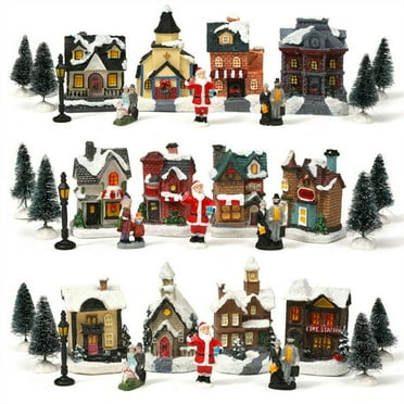 CUITING Christmas Village 12.2” Resin LED Lighted Village Houses  Tree Figurines  Set of 10