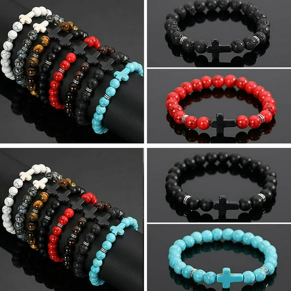 CUITING Cross Bracelet for Men Women Stone Beaded Cross Bracelet Elastic Stone Religious Wristband Jewelry Gifts for Christian Black White