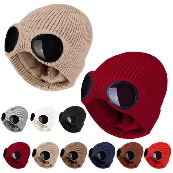 CUIYUAN 2 Pack Unisex Winter Knit Beanie With In Goggles Fleece Lined Windproof Warm Sports Hat Camping Hiking Travel Ski Cap