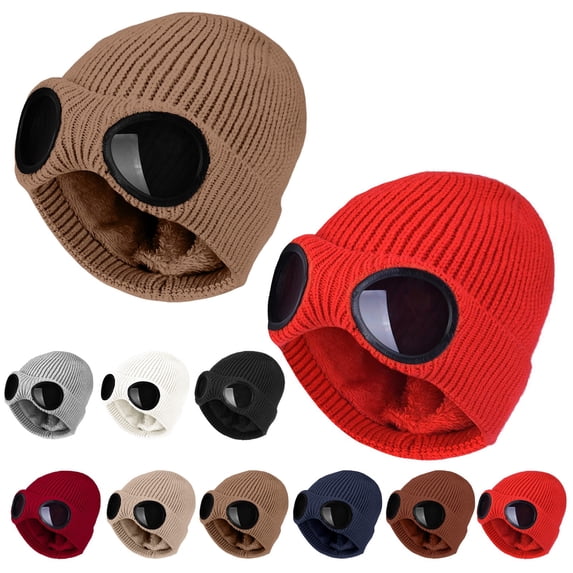 CUIYUAN 2 Pack Unisex Winter Knit Beanie With In Goggles Fleece Lined Windproof Warm Sports Hat Camping Hiking Travel Ski Cap
