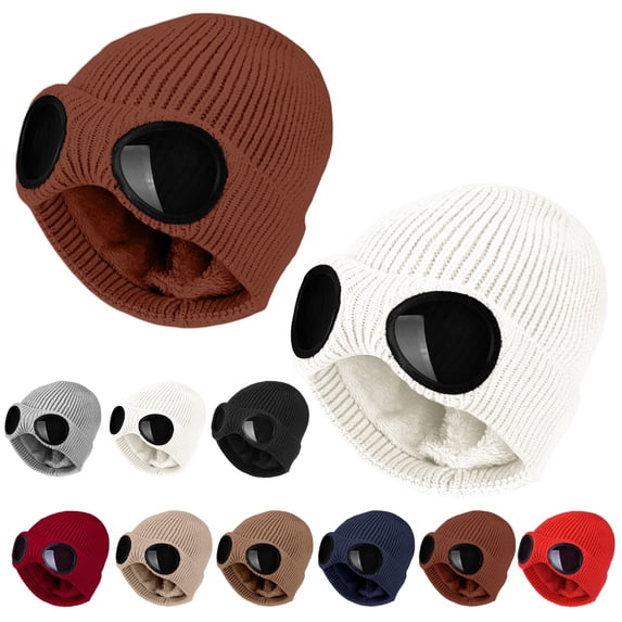 CUIYUAN 2 Pack Unisex Winter Knit Beanie With In Goggles Fleece Lined Windproof Warm Sports Hat Camping Hiking Travel Ski Cap