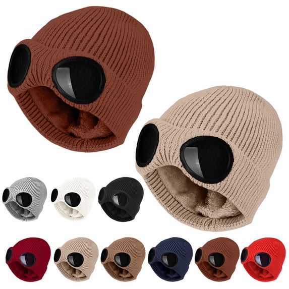CUIYUAN 2 Pack Unisex Winter Knit Beanie With In Goggles Fleece Lined Windproof Warm Sports Hat Camping Hiking Travel Ski Cap