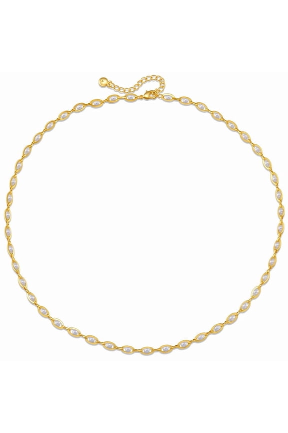 18K Gold Plated Pearl Station Choker Necklace for Women, Adjustable 17.7 in + 2.36 in Extender (45+6 cm), Dainty Minimalist Brass Cable Chain, Gift-Ready