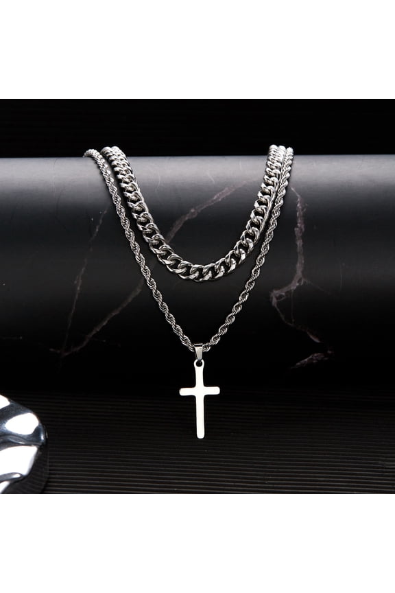 2-Piece Cross Necklace Set for Men - Stainless Steel Layered Chains with Silver/Gold Pendants, 18-24 Inch Religious Jewelry Gift