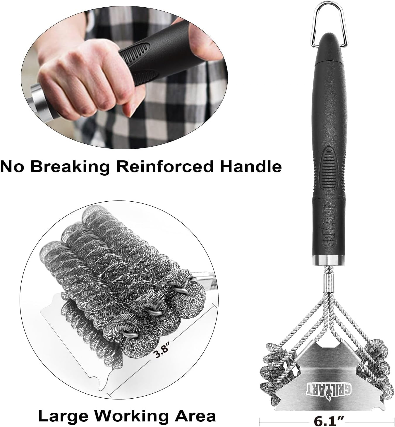CUKIXA 3-Head Stainless Steel Grill Brush and Scraper, Bristle-Free BBQ Grill Cleaner Tool with 18" Handle, 6.1" Scraper for Porcelain, Weber Gas & Charcoal Grills (0.94lb)