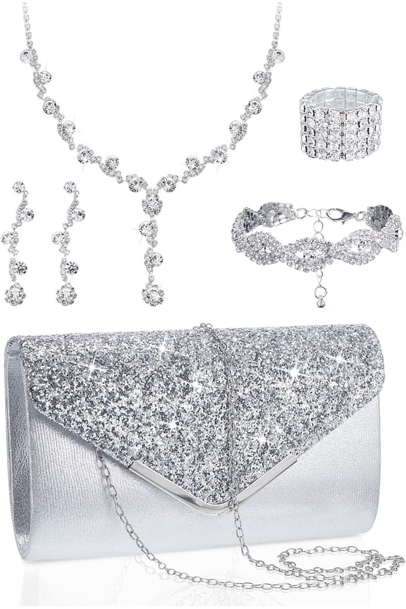 5 Pcs Purse Rhinestone Jewelry Set Prom Jewelry Rhinestone Clutch Purse Necklace Earrings Bracelets for Women Bride