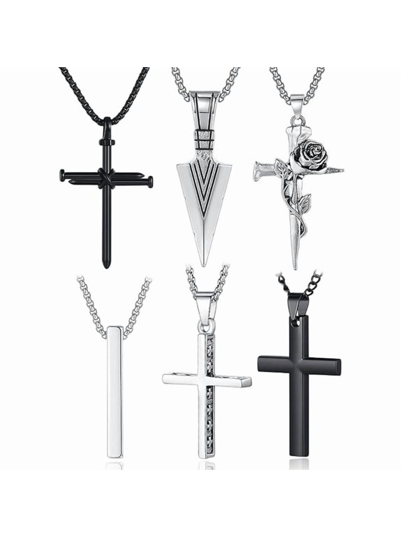 6 Pcs Necklace for Men, Mens Necklaces Jewelry Set, Black and Silver Stainless Steel Necklace, Cross Pendant Necklace, 16-24 inches Chain