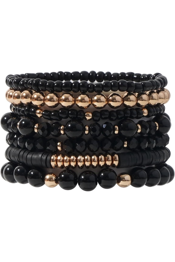 Bohemian Stacking Bracelets for Women, 7-Piece Set with Gold Spacers & Elastic Cord, 0.88oz Surfer Style Mixed Bead Anklet Bracelet Set-Black