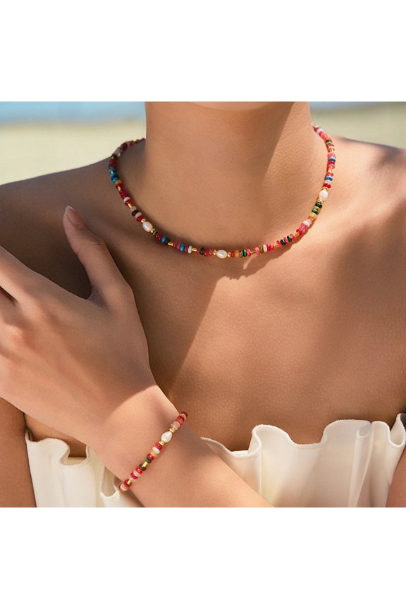 Boho Rainbow Natural Stone Beaded Bracelet with Freshwater Cultured Pearl, Adjustable 7.3 in + 2.36 in Extender, 18K Gold Plated Findings, Dopamine Color Jewelry for Women