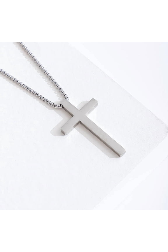 Cross Necklace for Men - Stainless Steel Pendant with Titanium Pearl Chain, Silver/Gold/Black Religious Jewelry (16-24 Inch, 3 Sizes)