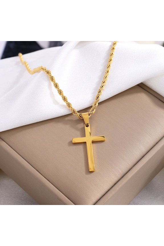 Cross Necklace for Men - Titanium Pendant with Stainless Steel Rope Chain, Silver/Black/Gold Plain Cross Necklace (19.68in/50cm, 0.42oz)