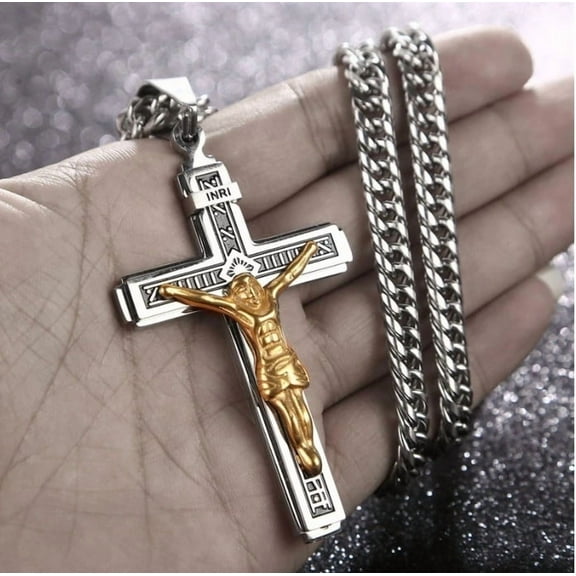 CUKIXA Crucifix Necklace - Stainless Steel Jesus Cross Pendant with 24" Chain, Religious Jewelry Gift for Men Women (304 Stainless Steel)