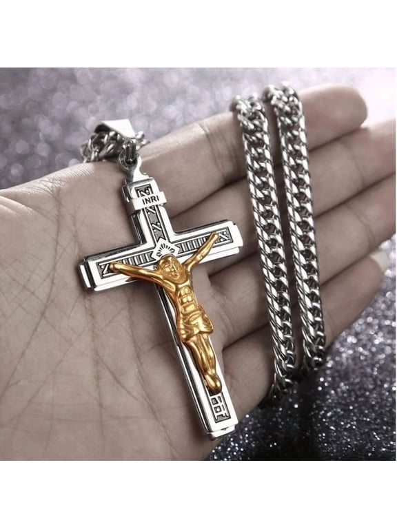 Crucifix Necklace - Stainless Steel Jesus Cross Pendant with 24" Chain, Religious Jewelry Gift for Men Women (304 Stainless Steel)