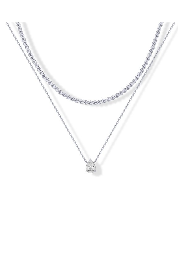 Double Teardrop Necklace Set - 16-20in Gold/Silver Plated Copper Chains - Minimalist Zirconia Pendant Jewelry (0.03lb) - Adjustable Layered Women's Necklaces