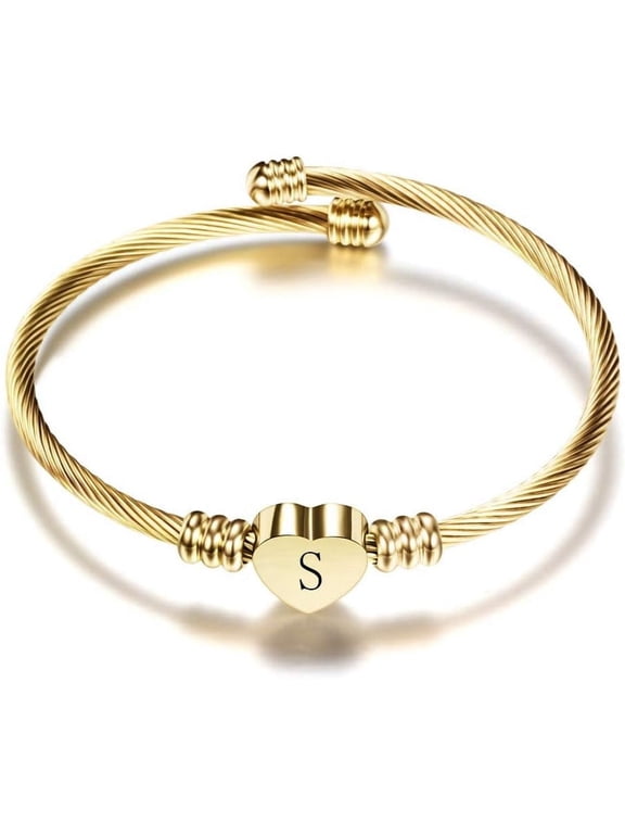 Heart Initial Bracelet for Women, Stainless Steel Letter Cable Wire Cuff Bracelet, Adjustable A-Z Monogram Bangle Jewelry Gifts for Her