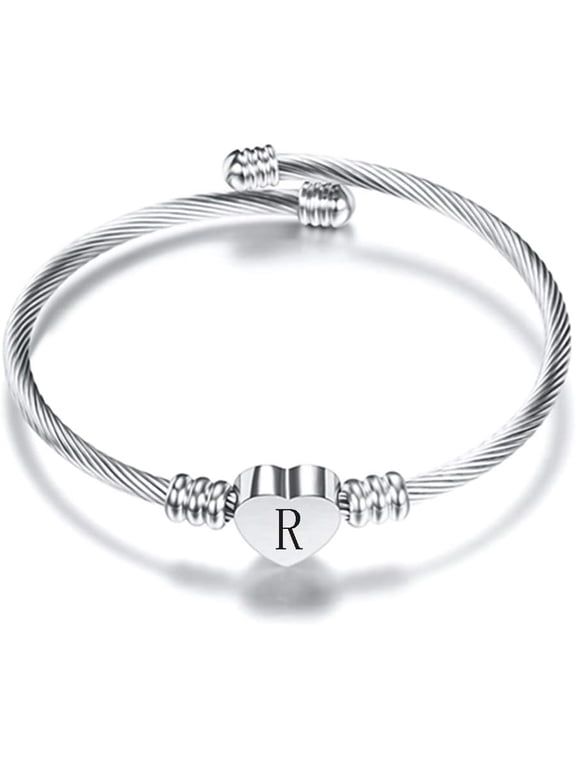 Heart Initial Bracelet for Women, Stainless Steel Letter Cable Wire Cuff Bracelet, Adjustable A-Z Monogram Bangle Jewelry Gifts for Her
