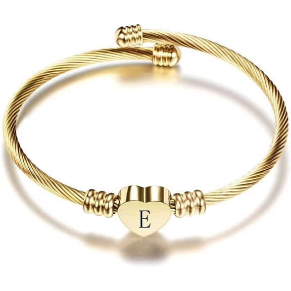 CUKIXA Heart Initial Bracelet for Women, Stainless Steel Letter Cable Wire Cuff Bracelet, Adjustable A-Z Monogram Bangle Jewelry Gifts for Her