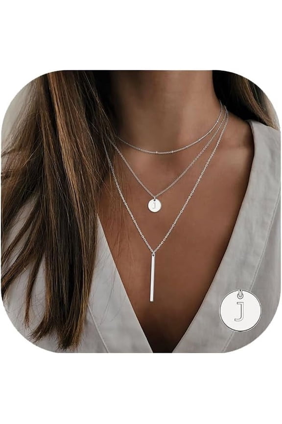 Gold Initial Layered Necklaces for Women, 14K Gold Plated Coin Letter Necklace Bar Stacking Layer Necklace Multi Bar Layering Y-Necklaces Jewelry for Women