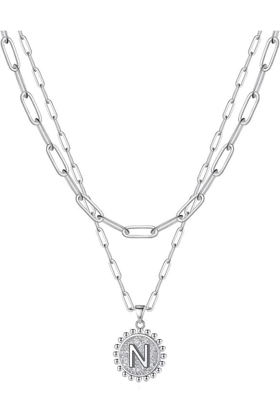 Gold Initial Necklaces for Women, 14K Gold Plated Dainty Layering Paperclip Link Chain Necklace Coin Initial Layered Necklaces for Women Personalized Birthday Gifts