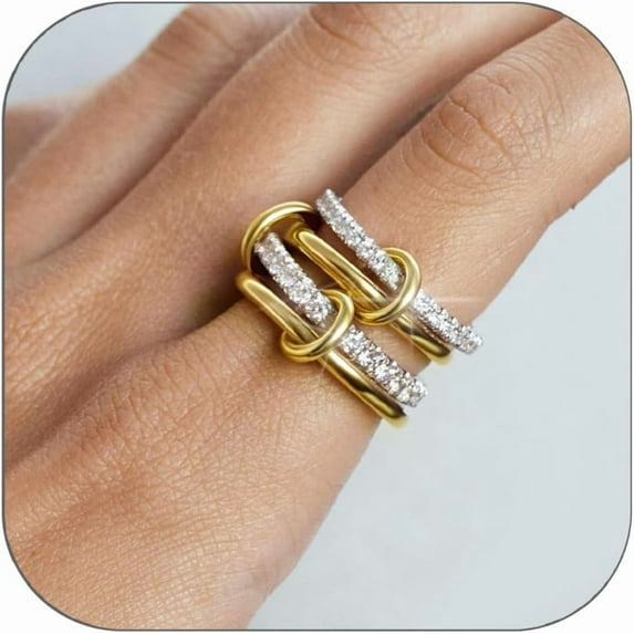 CUKIXA Gold Stackable Rings for Women Non Tarnish, 18k Gold Plated Cubic Zirconia Rings, Silver Gold Multi Ring Mixed Metals Stack Rings Set-9#