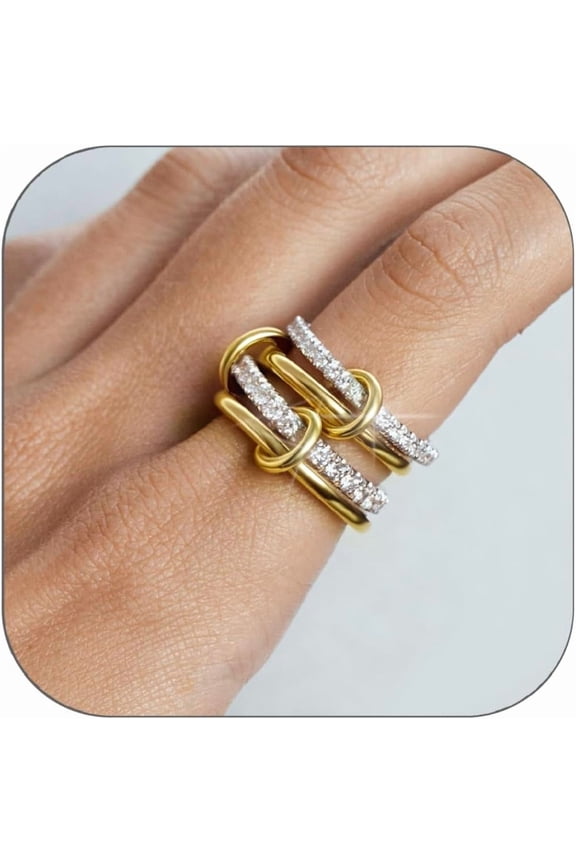 Gold Stackable Rings for Women Non Tarnish, 18k Gold Plated Cubic Zirconia Rings, Silver Gold Multi Ring Mixed Metals Stack Rings Set-9#