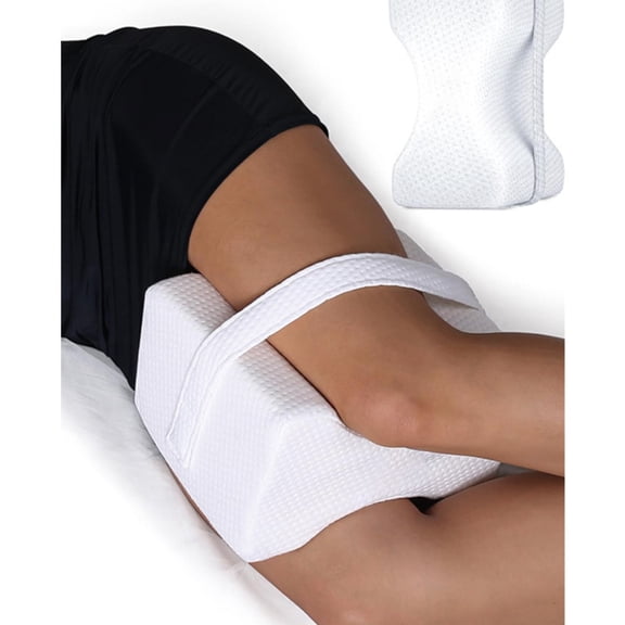 CUKIXA Memory Foam Knee Pillow for Side Sleepers - H-Shaped Leg Pillow with Adjustable Strap for Hip, Knee & Back Pain Relief, Sciatica Support Cushion, White