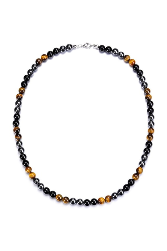 Men's Healing Crystal Necklace - Triple Stone Beaded Necklace with Hematite, Black Obsidian & Tiger's Eye, 8mm Natural Stones on Stainless Steel Chain (21")