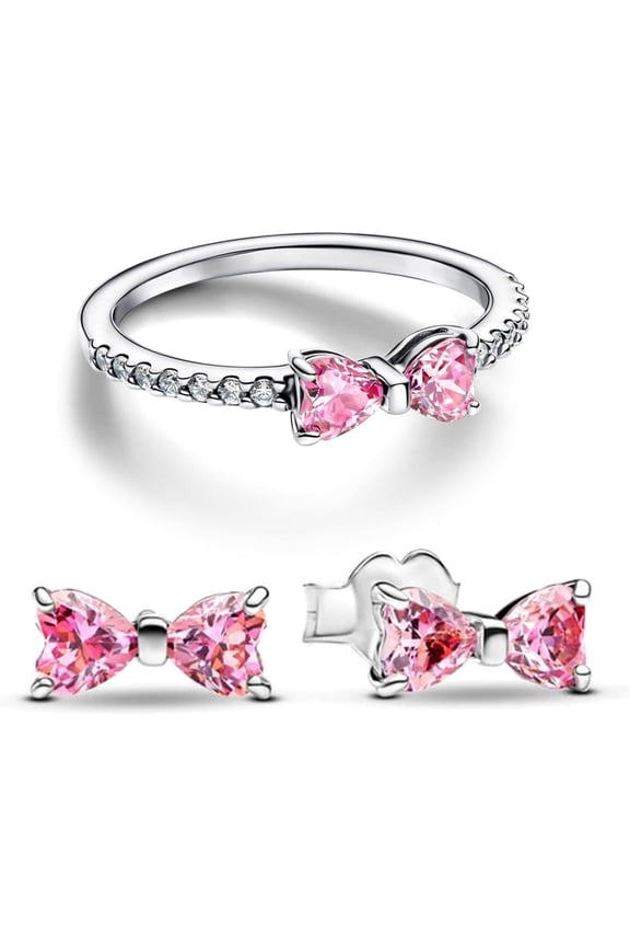 Sparkling Bow Rings Set with 14K Gold/Silver Plating | Pink Bow Earrings and Ring Set for Women | Friendship Promise Ring, Stackable Bow Jewelry Set, Gift for Women