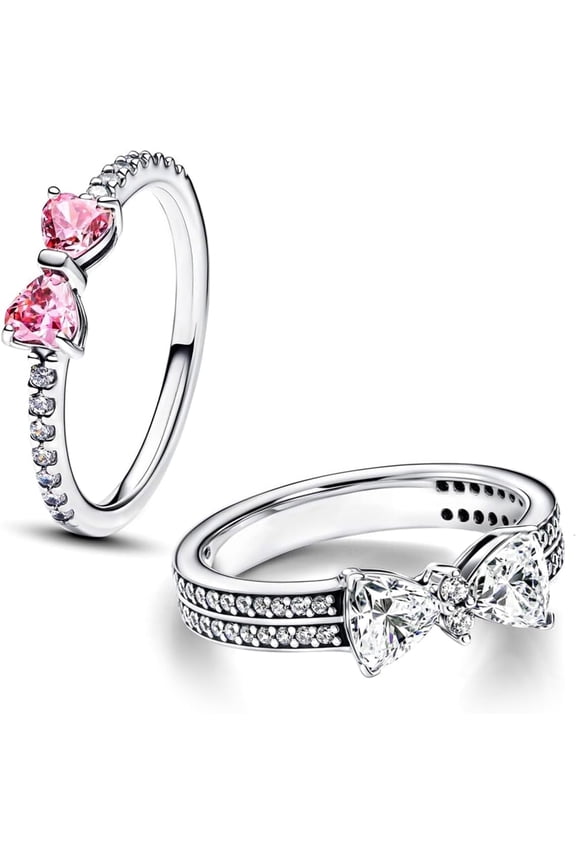 Sparkling Bow Rings Set with 14K Gold/Silver Plating | Pink Bow Earrings and Ring Set for Women | Friendship Promise Ring, Stackable Bow Jewelry Set, Gift for Women