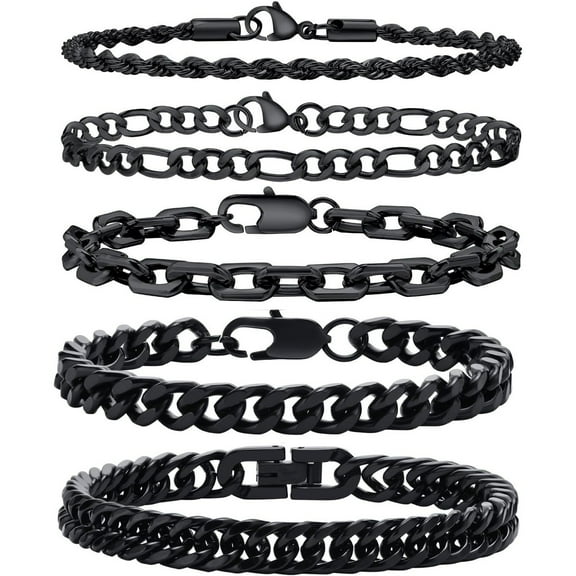 CUKIXA Stylish 5 Pcs Stainless Steel Bracelets for Men Women Cuban Link Bracelet Rope Paperclip Chain Bracelets Set-Black five-piece set