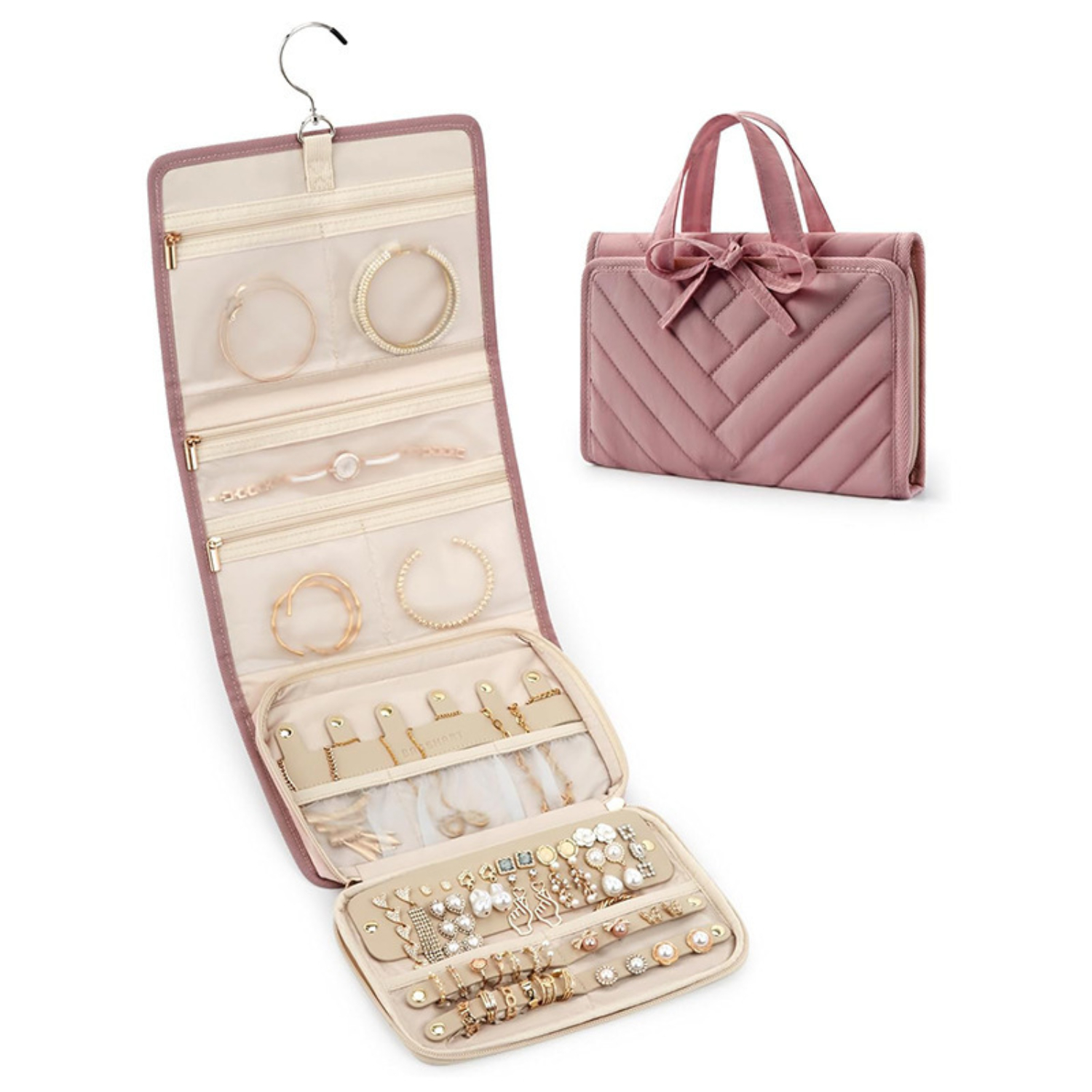 CUKIXA Travel Hanging Jewelry Organizer Roll, Quilted Tote with 360° Swivel Hook, 5 Zip Pockets, Removable Earring Panel, 6 Necklace Tabs, Folded 10.04×1.97×7.48 in (Pink/Beige/Black)