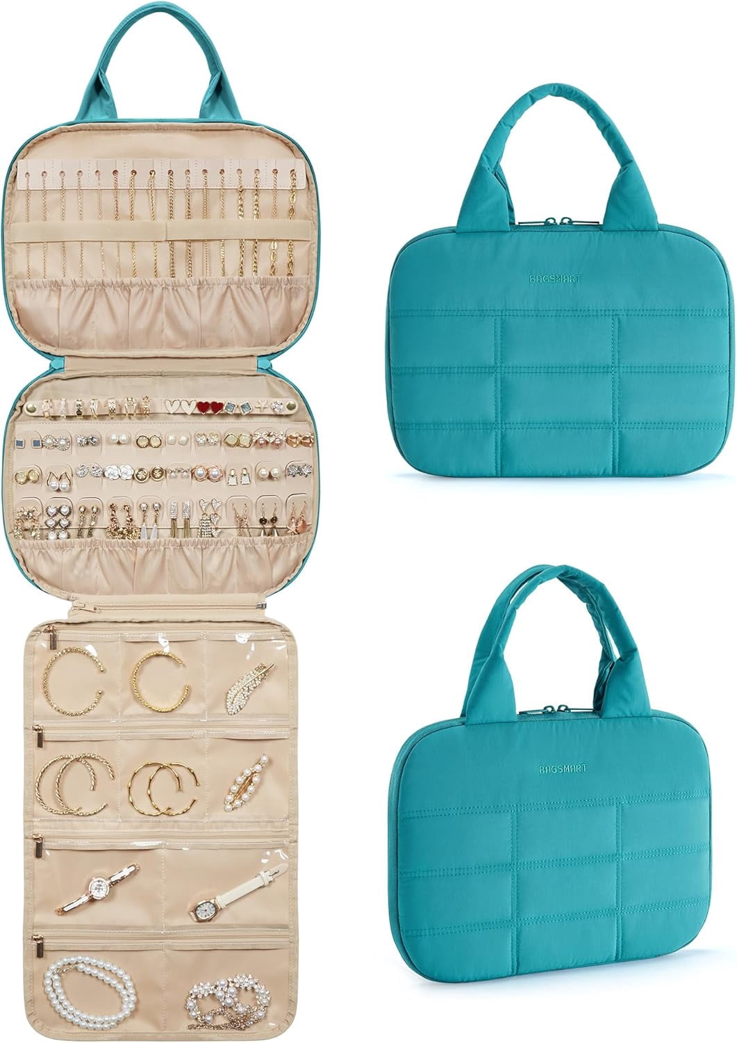 CUKIXA Travel Jewelry Case, Hanging Jewelry Organizer with Zipper Pockets, Large Capacity Puffy Jewelry Roll for Earrings, Necklaces, Rings on Closet, Wall, Door, Portable Travel Essentials, Green